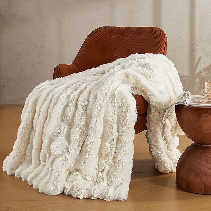 JELLYMONI Faux Fur Throw Blanket, White Fuzzy Cozy Plush Bubble Bed Blanket, Thick and Warm (50" X 60")-Ruum Studio Home