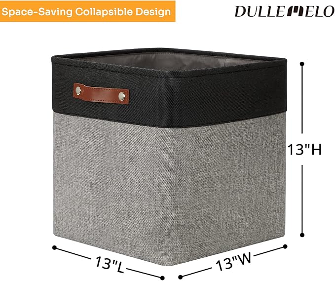 DULLEMELO Storage Bins for Organizing,Closet Storage Baskets for Gift Empty,Large Linen Canvas Storage Bins with Handles for Home Office Toys Shelves(Black&Grey, 13 inch Cube)-Ruum Studio Home