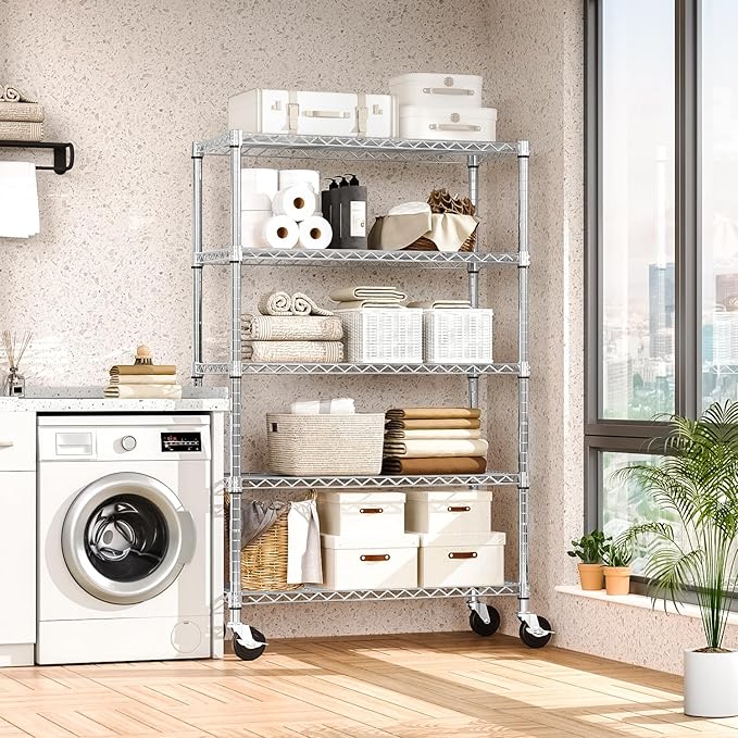 5-Shelf Storage Shelves,Wire Shelving Heavy Duty Metal Storage Shelving Unit Adjustable Garage Shelving Rack Pantry Kitchen (Chrome, 5 Tier,17.7" D x 47.2" W x 76.7" H)-Ruum Studio Home