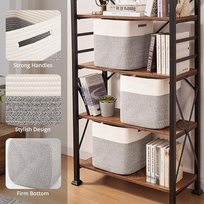 OIAHOMY 13 Kallax Inch Cube Storage Bins, 3-Pack Cotton Rope Woven Baskets for Organizing, Kallax Insert Storage Baskets for Shelves, Baby Nursery, Closet Organizer, 13*13*12.6IN, Grey & White-Ruum Studio Home