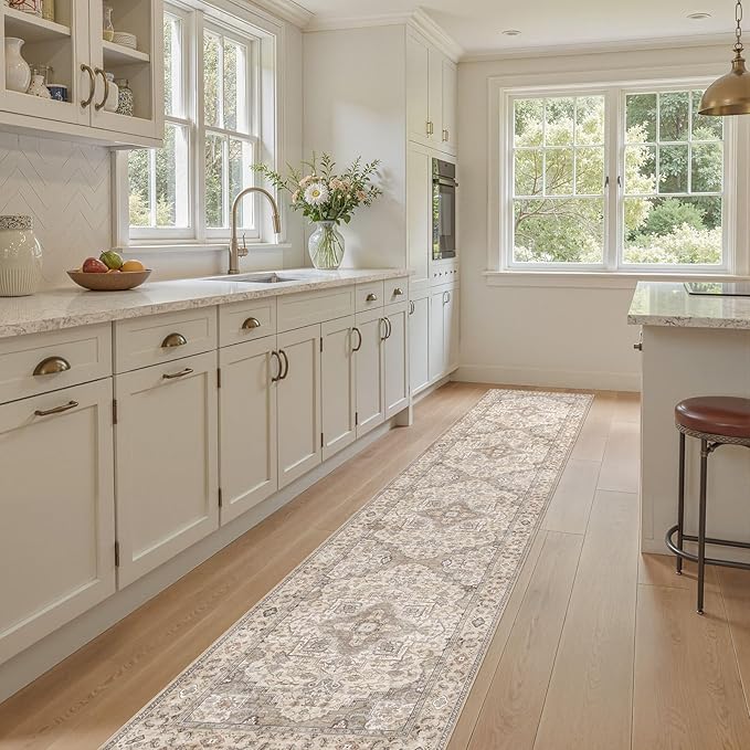 Washable 2.6x12 Runner Rug - Area Rugs Neutral Vintage Distressed Floral Farmhouse Boho Large Soft Floor Rug Indoor Carpet for Hallway Entryway Kitchen Home - Brown/Multi-Ruum Studio Home