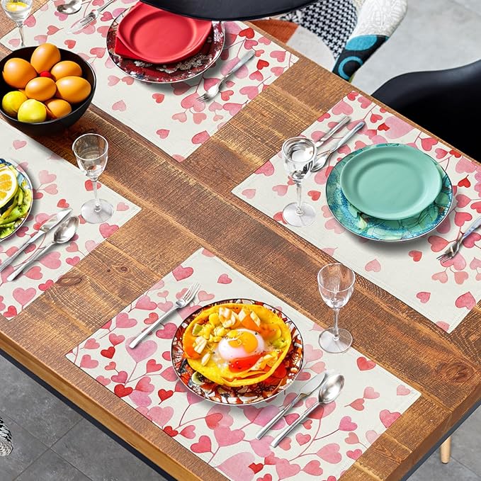 Pink Love Heart Valentine's Day Placemats Set of 4 Valentine Seasonal Holiday Linen Table Mats 12x18 Inch Anniversary Wedding Sweet Romantic Place Mats for Party Kitchen Dining Outdoor Indoor Decor-Ruum Studio Home