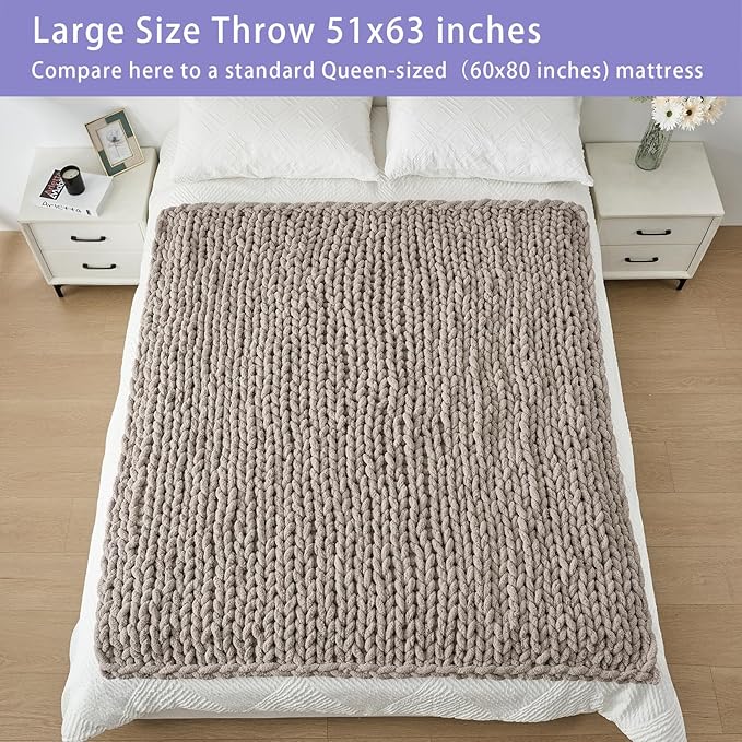 Bigacogo Chunky Knit Throw Blanket for Couch, 51x63 inches, 100% Hand Knitted with Thick Jumbo Chenille Yarn, Cozy Soft Large Rope Knot Cable Crochet Blankets for Sofa Bed Living Room, Taupe-Ruum Studio Home