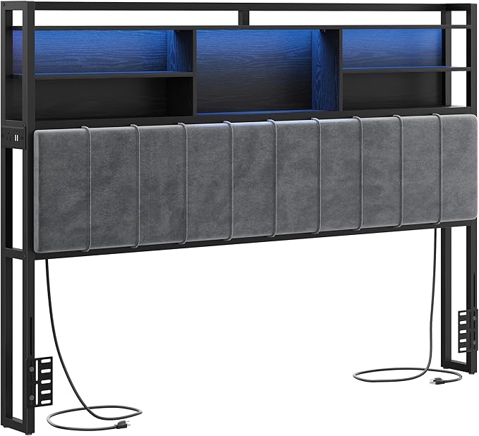Headboard with 3-Tier Storage Shelves, Velvet Upholstered Head Board with 2 Outlets, USB Ports & LED Light, Soft Backrest for King Size Bed, Black BH19404B-Ruum Studio Home