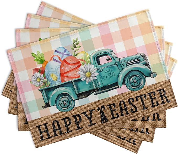 Happy Easter Placemats Set of 4 Pink Yellow Blue Buffalo Plaid Truck Eggs Daisy Easter Table Mats Spring Seasonal Linen Place Mat Washable Place Mats for Party Kitchen Dining Outdoor Indoor Decor-Ruum Studio Home