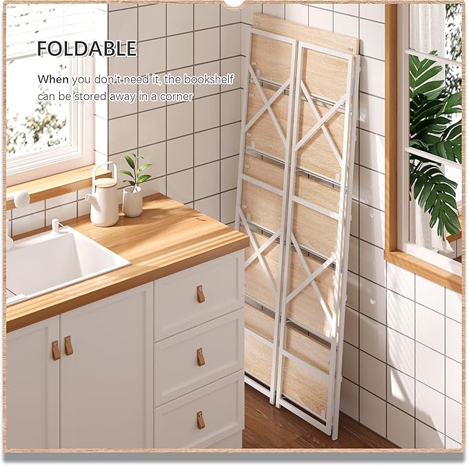 4NM 5 Tiers No Assembly Book Shelves, 51.2" H Folding Bookshelf Bookcase Open Industrial Foldable Shelves for Bedroom, Living Room, Home Office - Natural White-Ruum Studio Home