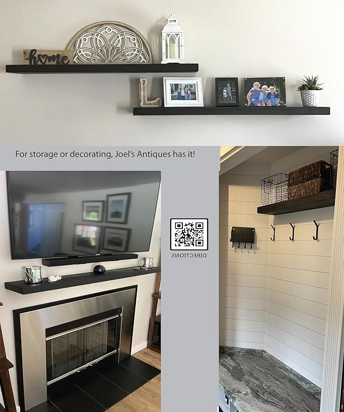 Joel's Antiques - 48 Inch Wooden Floating Shelves for Wall - 48x8x2 Inches - Made of Natural Wood - Long Heavy Duty Wall Shelves - Made in USA - Perfect for Living Room, Kitchen - Black-Ruum Studio Home