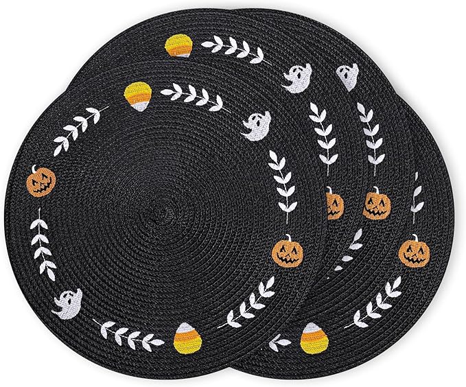 Whaline 4Pcs Round Halloween Placemats Embroidered Ghost Pumpkin Candy Corn Place Mats Black Spooky Dinner Table Mats for Halloween Party Decor-Ruum Studio Home