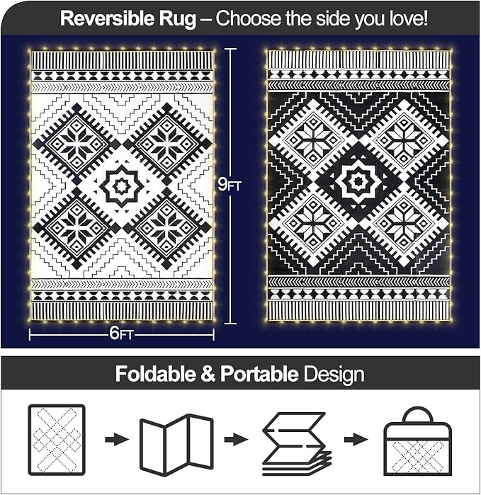6x9ft Waterproof Outdoor Rug with LED Lights, Boho Reversible Plastic Straw Mat for Patio RV Camping Picnic Balcony Beach Deck Indoor Outdoor Carpet, Black&White-Ruum Studio Home