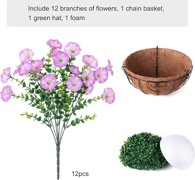 Artificial Faux Hanging Plants Flowers Basket for Outdoor Outside Spring Summer Decoration, Silk Purple Morning Glory in Planter UV Resistant Look Real Fake Flowers for Porch Patio Balcony Home Yard-Ruum Studio Home