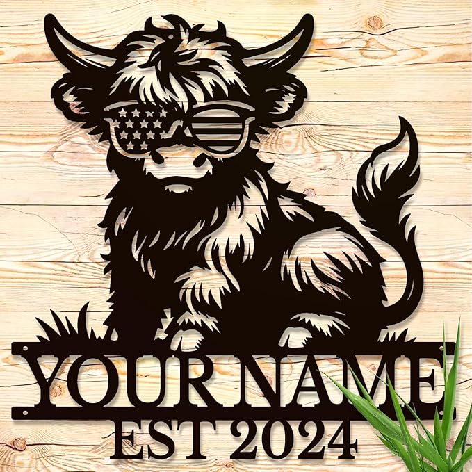 Personalized Highland Cow Name metal Signs,Custom Highland Cow Metal Shed Wall Decor,Black Metal Wall Art Plaques Outdoor wall Decorative Signage (Style C)-Ruum Studio Home