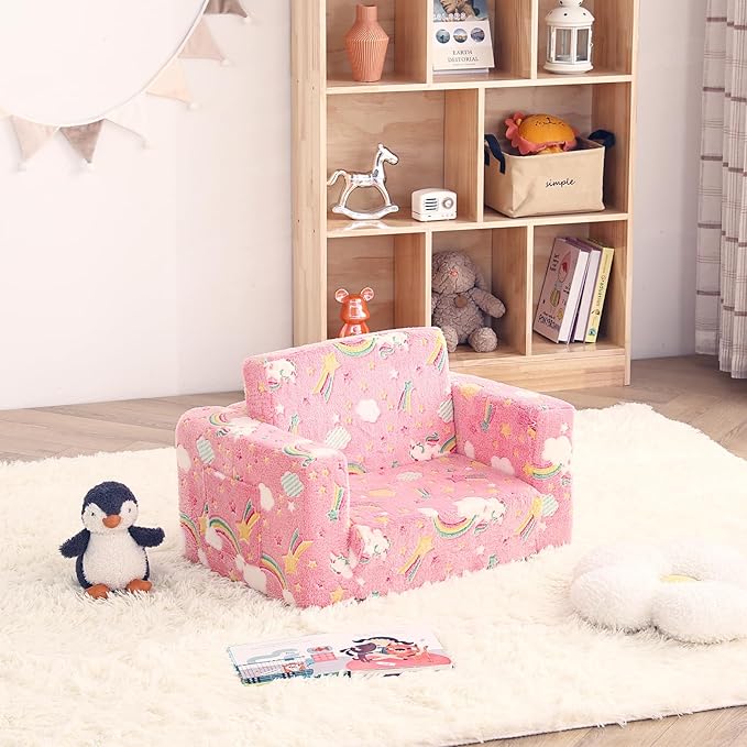 Toddler Chair Kids Couch, 2-in-1 Comfy Armchair with Removable and Washable Cover Carrying Handle, Convertible Reading Chair Toddler Couch for Girls and Boys, Pink Rainbow-Ruum Studio Home