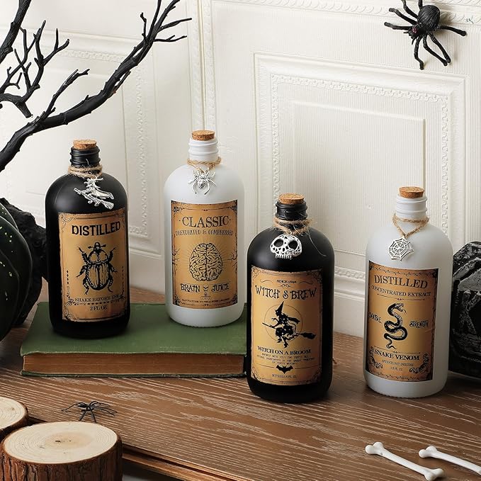 Uiifan 31 Pcs Halloween Potion Bottles Set Including Glass Apothecary Bottles with Cork Stickers and Pendants Halloween Decorations Indoor Party Supplies(White, Black,16 oz)-Ruum Studio Home