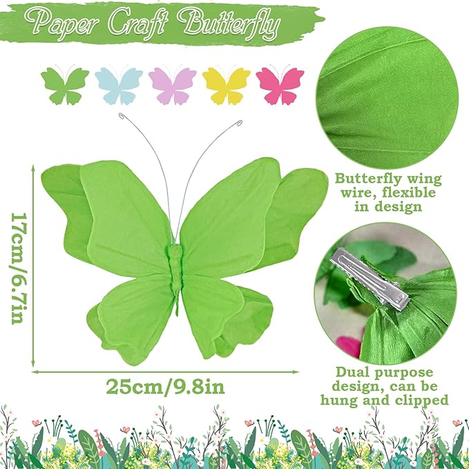 SUNBEAUTY 6Pcs Hanging Butterflies, Large Butterfly Decorations, 3D Paper Decoration, Pink Green Blue Orange for Baby Shower Decor Girls, Women, Paper Flowers for Wall-Ruum Studio Home