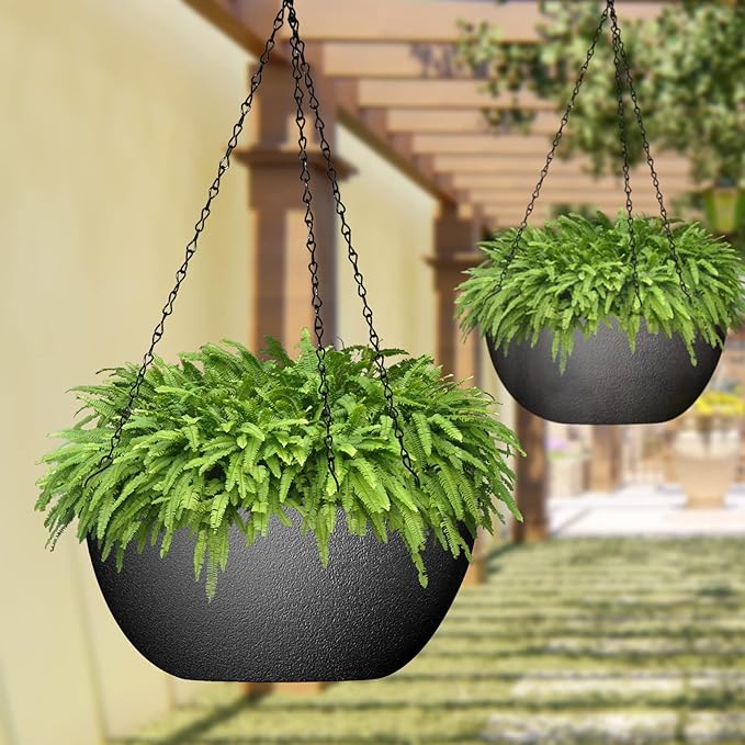 WOUSIWER 13 inch 2Pack Large Hanging Planters for Outdoor Indoor Plants with Drainage Holes and Chain, Round Hanging Flower Pots for Garden Home Porch Decor, Black-Ruum Studio Home