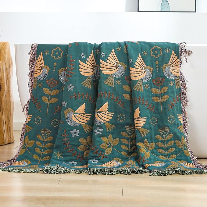 Boho Throw Blanket for Bed Couch 100% Cotton Woven Bed Throws for All Season Lightweight and Soft Cozy Farmhouse Reversible Muslin Decorative Blanket for Travel Picnic, Teal/Cream, 60''x80''-Ruum Studio Home