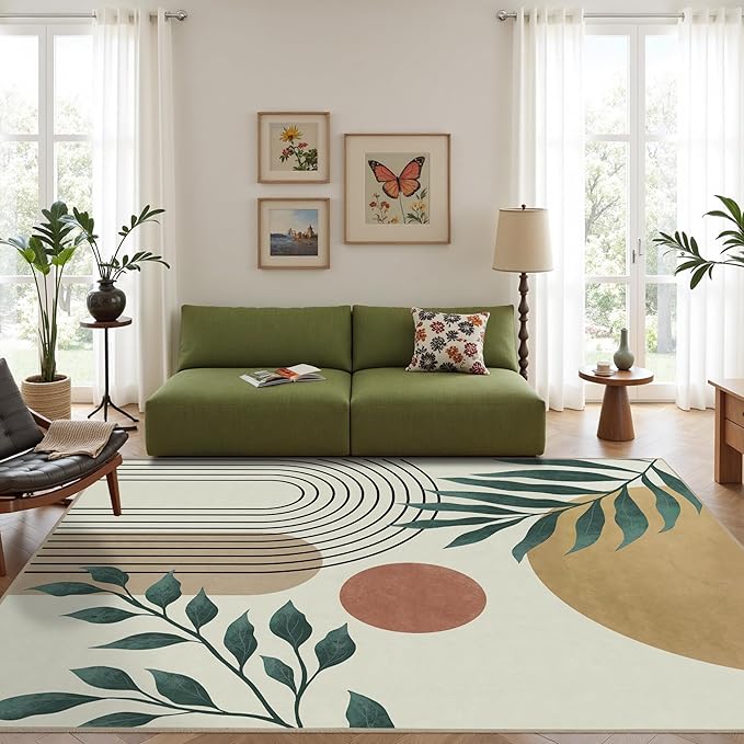 Indoor Outdoor Area Rug, Mid Century Sun Outdoor Patio Rug,Washable Abstract Art Leaves Eucalyptus Runway Rugs Non-Slip Carpet for Camping, Bedroom, Deck(8x10)-Ruum Studio Home