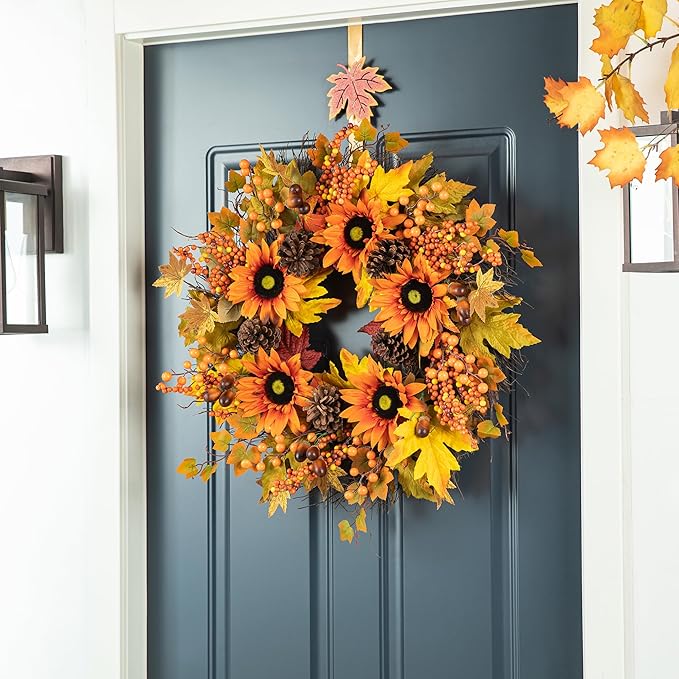 Glitzhome 24'' Fall Wreath for Front Door Decor, Artificial Autumn Orange Wreath with Sunflower, Maple Leaf and Berry Ornament for Wall Fireplace Farmhouse Thanksgiving Day Harvest Festival Decor-Ruum Studio Home