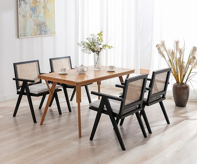 Rattan Dining Chairs Set of 4, Farmhouse Wicker Dining Chairs with Removable Linen Cushion Accent Cane Armchair for Dining Room Kitchen Restaurant, Black-Ruum Studio Home
