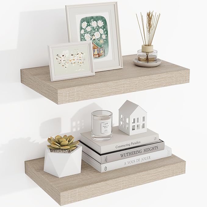 16 Inch Floating Shelves, 3D Textured Wood Grain, 16"x9.25"x1.5" Inch Deep Floating Shelves for Wall, Wooden Shelves for Bathroom, Bedroom, Living Room, Vintage White Oak-Ruum Studio Home