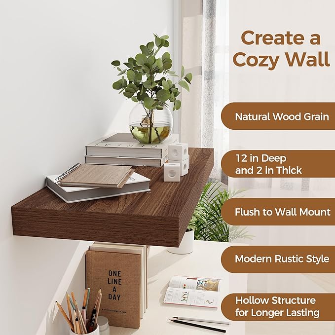 12 Inch Deep Floating Shelves, 24 x 12 Floating Shelf for Books, Rustic Wood Deep Wall Shelves for Home Storage & Display, 2" Thicked Shelves for Kitchen, Living Room, Bedroom, Walnut Color, 1 Pack-Ruum Studio Home