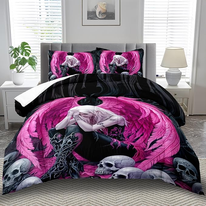 Gothic Skull Comforter Set King for Adults,Angel Wings Bedding Set Pink for Girls,Sexy Angel Comforter Bedroom Decor Teen,Gothic Skull Bedding Decor Pink Wings Quilt-Ruum Studio Home