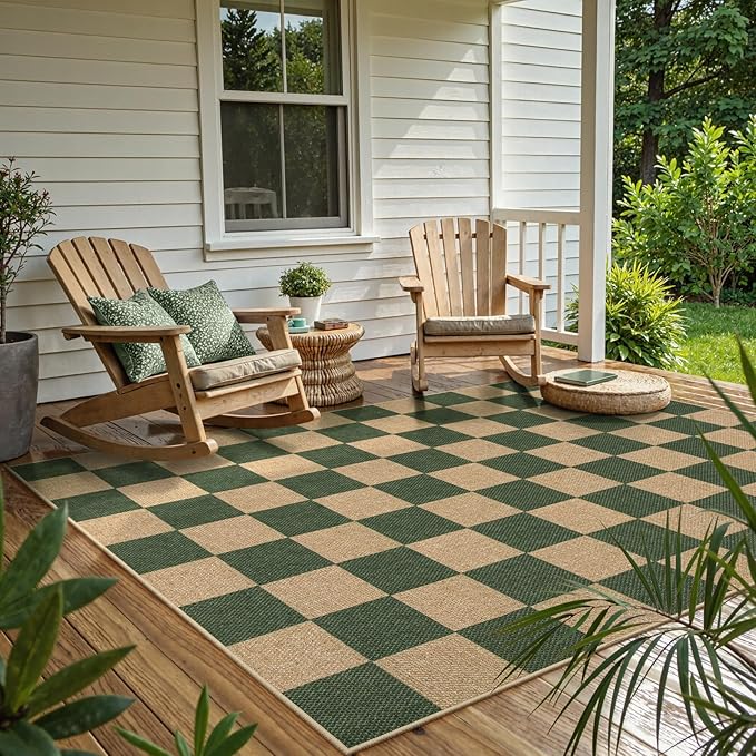 Lahome Checkered Easy Jute Dining Room Rug, 5x7 Indoor Outdoor Rugs for Patio Living Room, Neutral Checkerboard Non Slip Low Pile Green Carpet for Bedroom Office Backyard-Ruum Studio Home