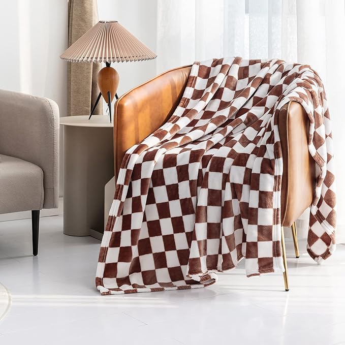 LOMAO Throw Blankets Flannel Blanket with Checkerboard Grid Pattern Soft Throw Blanket for Couch, Bed, Sofa Luxurious Warm and Cozy for All Seasons (Coffee, 50"x60")-Ruum Studio Home