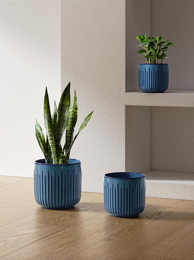 LE TAUCI Fluted Ceramic Planters Set of 3 – 8.3/7 / 5.7 in Ocean Blue Reactive Cylinder Indoor Plant Pots with Drainage Plug & Mesh, Glossy Stoneware Flower Pots for Succulents Herbs-Ruum Studio Home