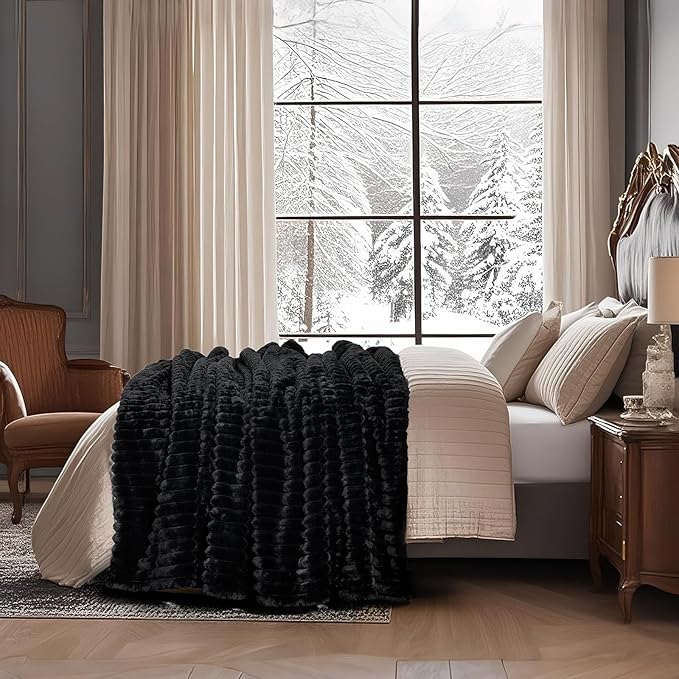Amélie Home Faux Fur Throw Blanket for Couch, Cozy Fuzzy Fluffy Fur Luxurious Soft Striped Plush Gift Blankets for Family Sofa Chair Bed Living Room Bedroom, 55"x70", Black-Ruum Studio Home