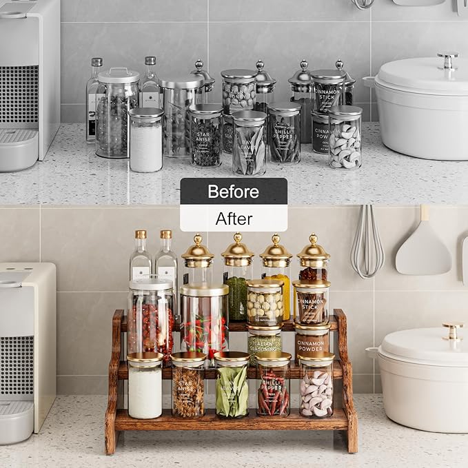 KLM 3-Tier Spice Rack, 13.8 Inch Wood Step Shelf Countertop Spice Storage Holder, Kitchen Pantry Cabinet Organizer Cupboard for Spice Bottles, Jars, Seasonings, Baking Supplies,Bathroom Organizer-Ruum Studio Home