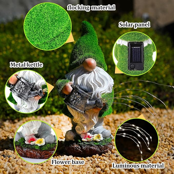 Flocked Solar Garden Gnomes Outdoor Statues-11.8‘’Outdoor Garden Decor-LED Outdoor Decor Light-Unique Housewarming Gifts Yard Art Sculptures for Patio Lawn Ornaments-Ruum Studio Home