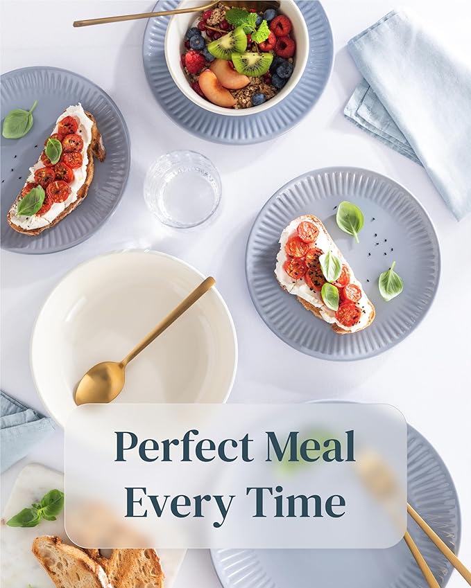 Stoneware Dinnerware Set for 4 People HYGGE 12-Piece - Elegant Scandi Design - Premium Dish Set - Bowl and Plate Set - Tableware for 4 People in a Ribbed Design - Pure Living in Gray-Blue-Ruum Studio Home