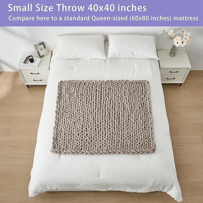 Bigacogo Chunky Knit Throw Blanket for Couch, 40x40 inches, 100% Hand Knitted with Thick Jumbo Chenille Yarn, Cozy Soft Large Rope Knot Cable Crochet Blankets for Sofa Bed Living Room, Taupe-Ruum Studio Home