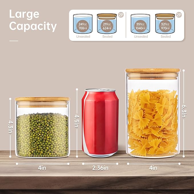 32oz & 21oz - 4 Pack Glass Jars with Bamboo Lids, Glass Pantry Storage Containers with Airtight Lids, Round Air Tigh Food Storage Canisters for Cereal, Pasta, Flour, Sugar, Best for Kitchen Organizer-Ruum Studio Home