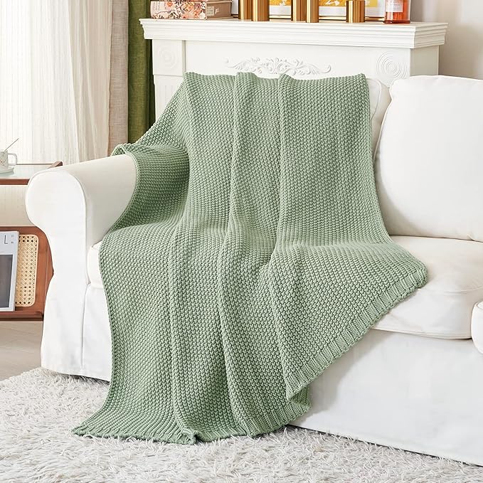 Chunky Cable Knit Throw Blanket Lightweight Light Green 100% Organic Cotton Blanket for Sofa Couch Bed Baby Nursery, Rustic Shabby Chic Modern Farmhouse, 60” x 80” Bonus Laundering Bag-Ruum Studio Home