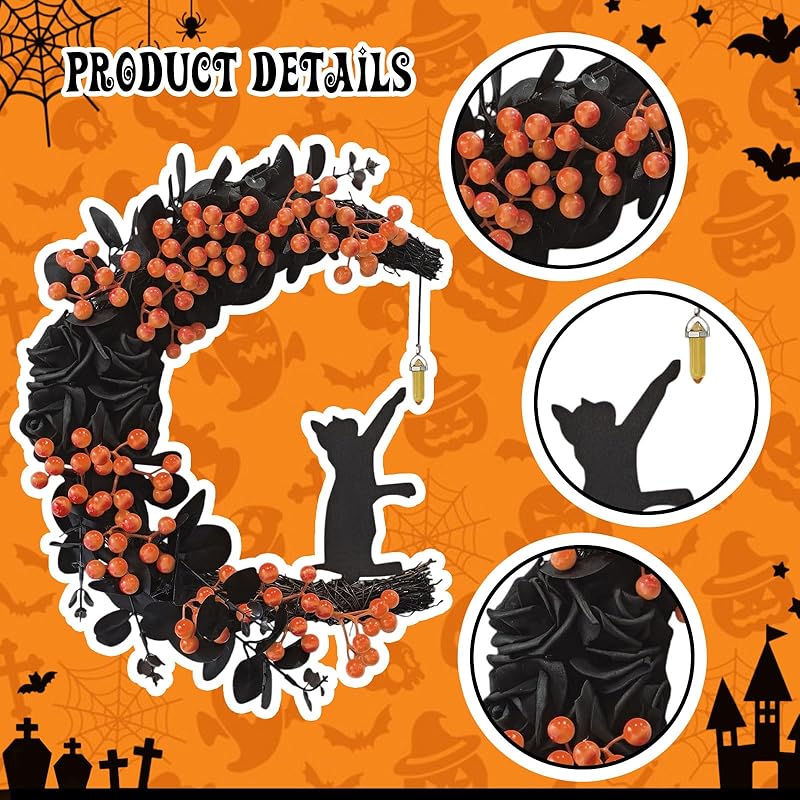 Halloween Wreaths for Front Door with Light, Black Cat Crescent Moon Wreath, Cute Cat Garland Halloween Door Decorations for Outdoor Indoor Decor Wall Window Home Party-Ruum Studio Home