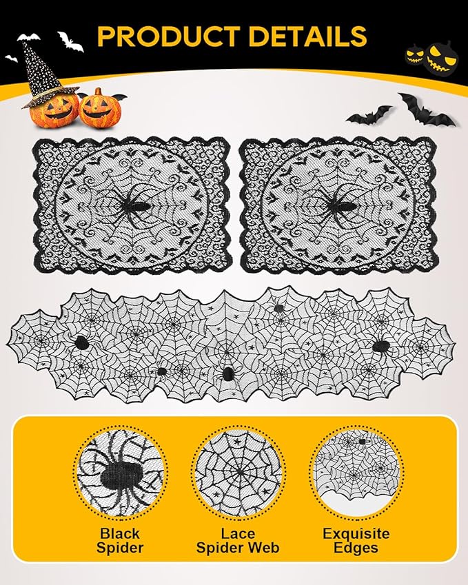 eZAKKA Halloween Table Runner with 4Pcs Placemat, Black Lace Spider Web Table Runners for Parties Gothic Spooky Home Decorations, 18 x 72 Inch-Ruum Studio Home