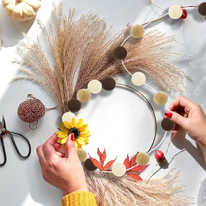 Jishi Pom Pom Garland Boho Party Decorations, 3-Pack Brown Khaki Beige Felt Ball Garland Cute Pastel Rainbow Pompom Strings, Christmas Birthday Wedding Rustic Boho Home Decor Supplies, Xmas Tree Decor-Ruum Studio Home