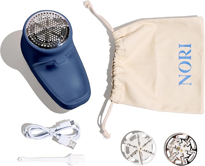 Nori Trim Fabric Shaver - Lint Remover for Clothes & Furniture Couch Pilling - Sweater Pill Remover - Clothes Shaver with 6 Precision Blades - Wireless and Rechargeable - Navy-Ruum Studio Home