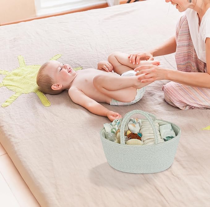 Diaper Caddy Organizer Cotton Rope Baby Basket Nursery Storage and Portable Tote Bag for Car Ideal Baby Shower Gifts and Registry Must-Have for Newborn Essentials Large light green-Ruum Studio Home