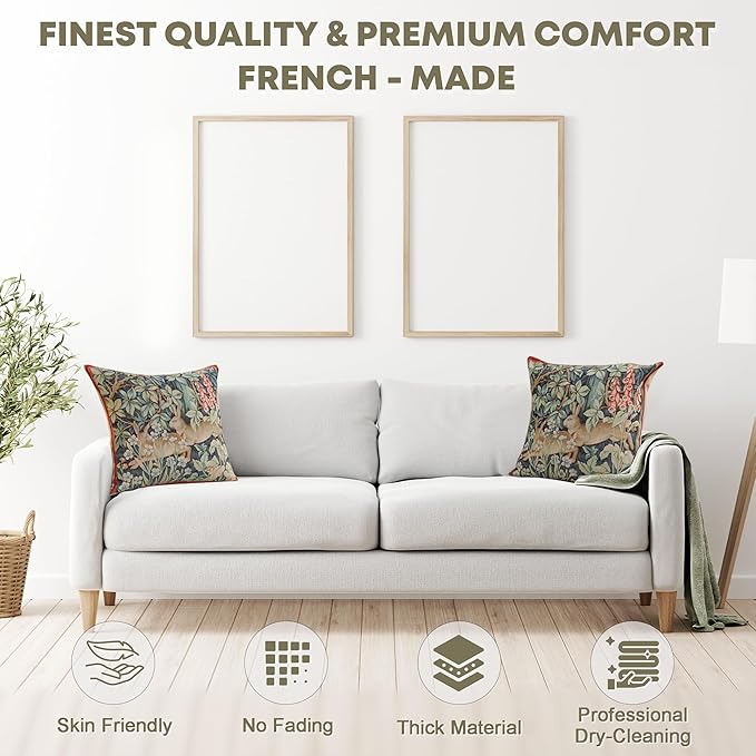 Charlotte Home Furnishings Decorative Tapestry Pillow Cover 19x19 in, Green Hares Couch Throw Pillow Cover, French Country Square Cushion Cases for Living Room Home Decor, Soft Cotton Jacquard Woven-Ruum Studio Home
