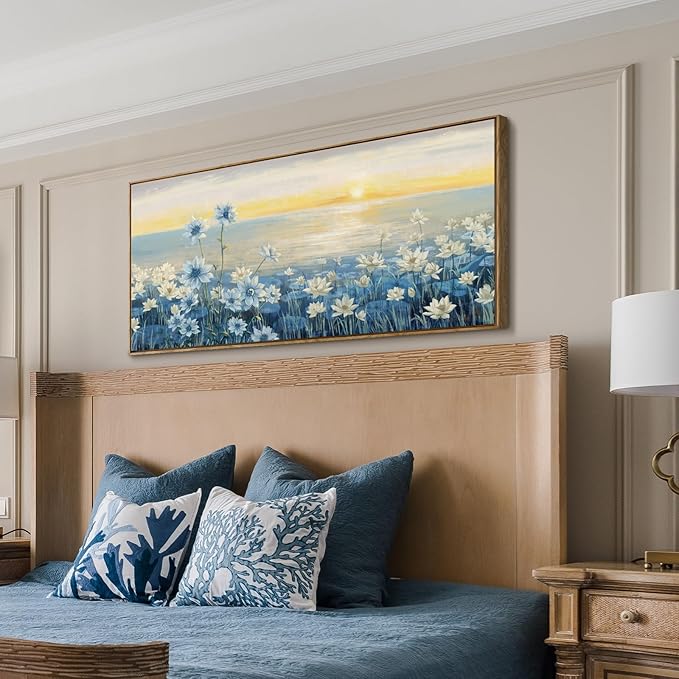 Large Framed Wall Art for Living Room Bedroom Office Decor, Modern Beach Canvas Wall Art Coastal Ocean Nature Blue Artwork Floral Sunrise/Sunset Zen Landscape Flower Wall Picture 48x24“-Ruum Studio Home