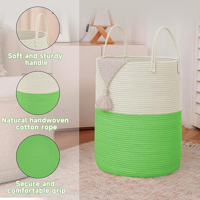 Large Woven Laundry Basket Hamper,100L Cotton Rope Storage Bin for Blankets,Toys and Clothes,Decorative Tall Nursery Hamper for Living Room,Baby Nursery,Bathroom and Bedroom,Light Green-Ruum Studio Home