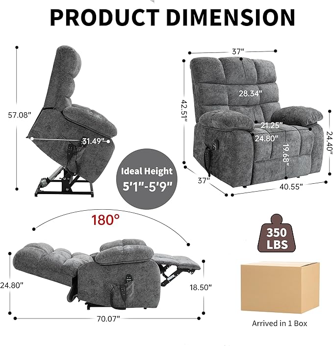 Power Lift Recliner Chair for Elderly People, Lay Flat Recliner with Vibration Massage and Lumbar Heating, Lift Chair with Infinite Position and 2 Remote Controls, Chenille Fabric Gray-Ruum Studio Home