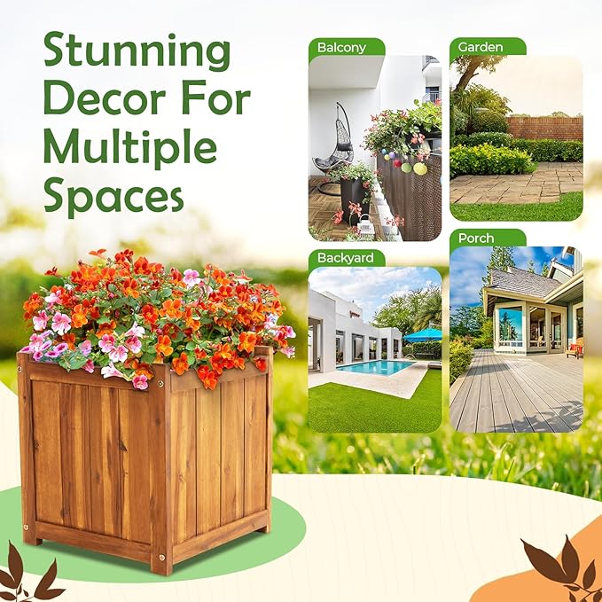 Idzo Hardwood Outdoor Flower Box, Durable Acacia Wood Flower Boxes for Outdoor Plants with Ergonomic Handles, Drainage Holes, Multiple Sizes Wood Bucket Planter for Home Decor, 1pcs-Ruum Studio Home