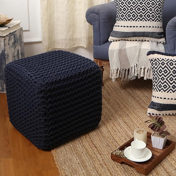 REDEARTH Square Hand Knitted Pouf - Foot Stool Ottoman Coffee Table - Cotton Cord Boho Pouffe - Poof Accent Footrest for Living Room - Bedroom - Library (16" x 16" x 16") - Navy Blue-Ruum Studio Home