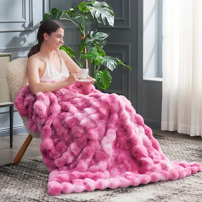 Cozy Bliss Faux Fur Throw Blanket for Couch, Fuzzy Soft Plush Thick Bubble Blanket for Sofa Bedroom Living Room, 50 * 60 Inches Tie Dye Pink-Ruum Studio Home