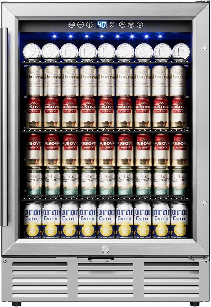 24 Inch Beverage Refrigerator, Beverage Cooler 180 Can Built-in Design, Under Counter Beer Fridge with Glass Door for Soda, Wine, Water - For Kitchen, Office or Bar-Ruum Studio Home