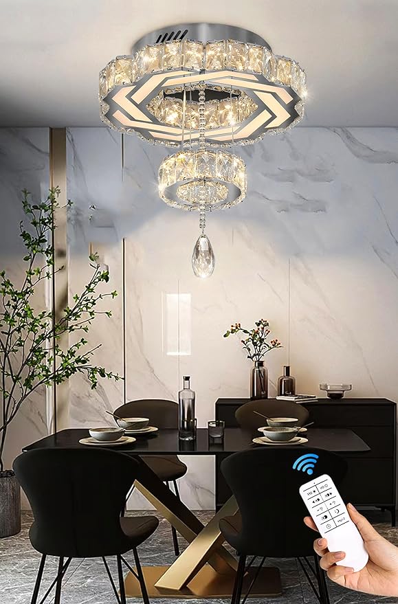 Flashing God Small Crystal Chandeliers Dia 12" Silver Chandelier Flush Mount Ceiling Light for Bedroom Living Room Dining Room Hallway Dimmable 3 Rings LED Celing Lighting Fixtures-Ruum Studio Home